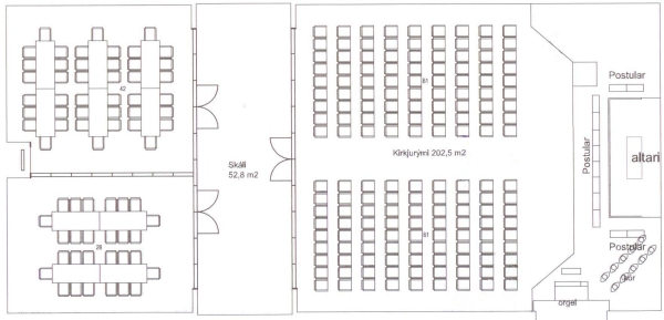Tónleikasalur með 164 sæti. Gangur aðskilur veislusal.